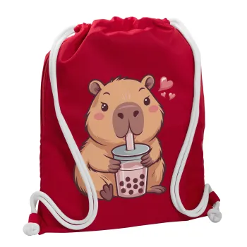 Capybara Bubble Tea, Backpack pouch GYMBAG Red, with pocket (40x48cm) & thick cords
