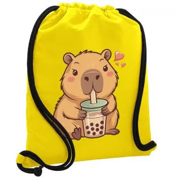 Capybara Bubble Tea, Τσάντα πλάτης πουγκί GYMBAG Κίτρινη, με τσέπη (40x48cm) & χονδρά κορδόνια