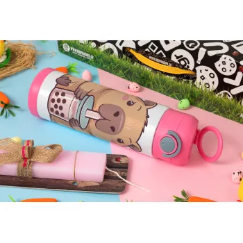 Capybara Bubble Tea, Πασχαλινή Λαμπάδα με Παιδικό παγούρι θερμό, ανοξείδωτο, με καλαμάκι ασφαλείας, ΡΟΖ (500ml)