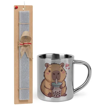Capybara Bubble Tea, Πασχαλινή Λαμπάδα με μεταλλική κούπα θερμό (300ml) & κερί αρωματικό πλακέ (30cm) (ΓΚΡΙ)