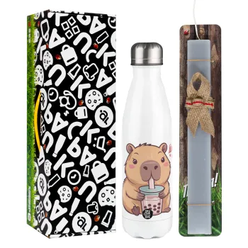 Capybara Bubble Tea, Easter candle, metallic white thermos bottle (500ml) & aromatic flat candle (30cm) (GRAY)