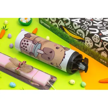 Capybara Bubble Tea, Easter candle,Travel Tumbler 2 Lids, with metal straw & cleaning brush & aromatic flat candle (30cm) (PINK)