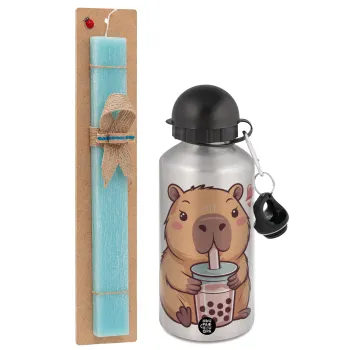 Capybara Bubble Tea, Πασχαλινή Λαμπάδα με παγούρι μεταλλικό Ασημένιο αλουμινίου (500ml) & κερί αρωματικό πλακέ (30cm) (ΤΙΡΚΟΥΑΖ)
