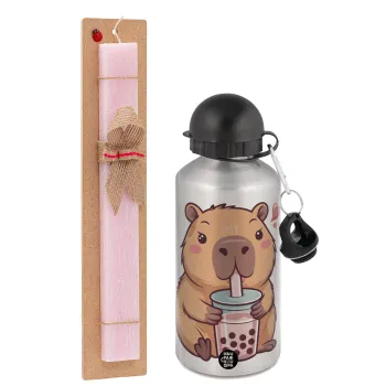 Capybara Bubble Tea, Easter Set, metallic Silver aluminum water bottle (500ml) & scented flat Easter candle (30cm) (PINK)