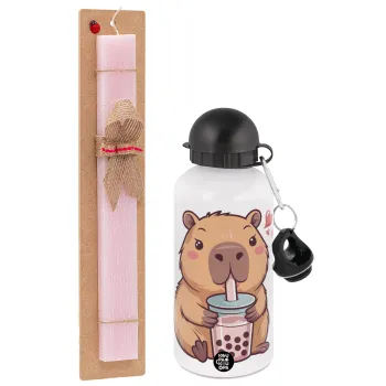 Capybara Bubble Tea, Easter Set, metallic aluminum bottle (500ml) & aromatic flat Easter candle (30cm) (PINK)