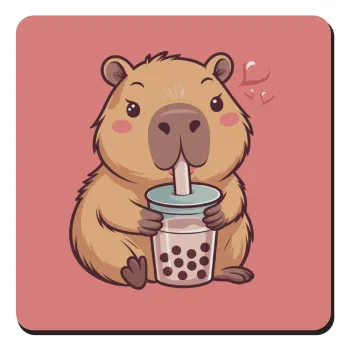 Capybara Bubble Tea, Τετράγωνο μαγνητάκι ξύλινο 9x9cm