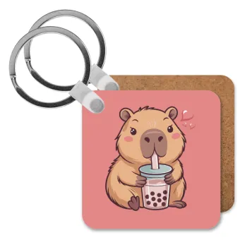 Capybara Bubble Tea, Μπρελόκ Ξύλινο τετράγωνο MDF