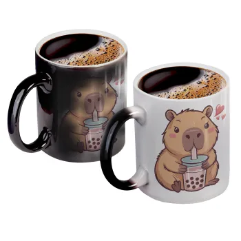 Capybara Bubble Tea, Color changing magic Mug, ceramic, 330ml when adding hot liquid inside, the black colour desappears (1 pcs)