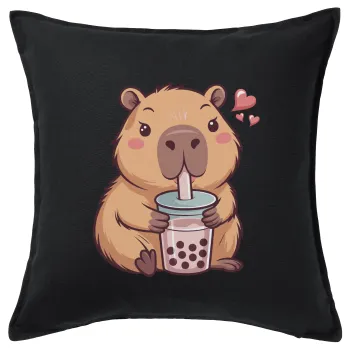 Capybara Bubble Tea, Μαξιλάρι καναπέ Μαύρο 100% βαμβάκι, περιέχεται το γέμισμα (50x50cm)