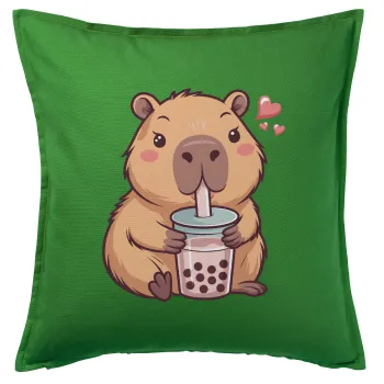 Capybara Bubble Tea, Μαξιλάρι καναπέ Πράσινο 100% βαμβάκι, περιέχεται το γέμισμα (50x50cm)