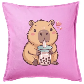 Capybara Bubble Tea, Μαξιλάρι καναπέ ΡΟΖ 100% βαμβάκι, περιέχεται το γέμισμα (50x50cm)