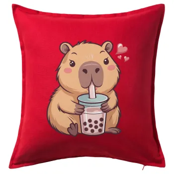 Capybara Bubble Tea, Μαξιλάρι καναπέ Κόκκινο 100% βαμβάκι, περιέχεται το γέμισμα (50x50cm)