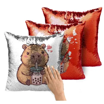 Capybara Bubble Tea, Μαξιλάρι καναπέ Μαγικό Κόκκινο με πούλιες 40x40cm περιέχεται το γέμισμα