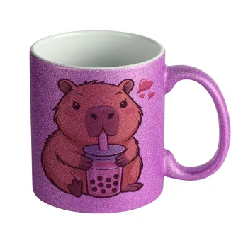 Capybara Bubble Tea, Κούπα Μωβ Glitter που γυαλίζει, κεραμική, 330ml