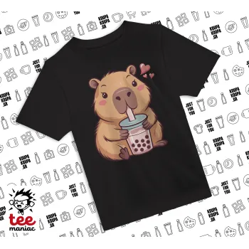 Capybara Bubble Tea, Άνετο παιδικό T-Shirt ΜΑΥΡΟ από 100% βαμβάκι, για κάθε μέρα. Vegan & OEKO-TEX πιστοποιημένο.