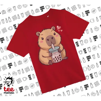 Capybara Bubble Tea, Άνετο παιδικό T-Shirt ΚΟΚΚΙΝΟ από 100% βαμβάκι, για κάθε μέρα. Vegan & OEKO-TEX πιστοποιημένο.