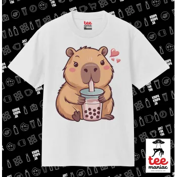 Capybara Bubble Tea, Κλασικό T-Shirt, διπλής ραφής, χωρίς πλευρικές ραφές ΛΕΥΚΟ από 100% βαμβάκι. Vegan & OEKO-TEX πιστοποιημένο.