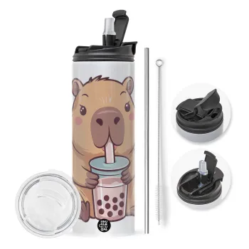 Capybara Bubble Tea, Travel Tumbler 2 Lids, with metal straw & cleaning brush (Stainless steel 304 Food grade, BPA free, 600ml)