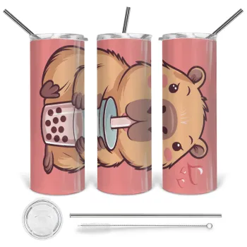 Capybara Bubble Tea, Tumbler ποτήρι θερμό από ανοξείδωτο ατσάλι 600ml, με μεταλλικό καλαμάκι & βούρτσα καθαρισμού