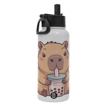 Capybara Bubble Tea, Μεταλλικό παγούρι θερμός Λευκό με καλαμάκι και χερούλι (Stainless steel), διπλού τοιχώματος, 950ml