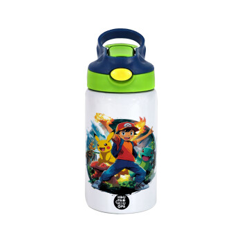 Ash Ketchum & Pikachu, Children's hot water bottle, stainless steel, with safety straw, green, blue (350ml)