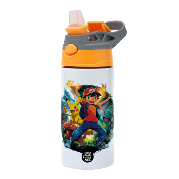 Ash Ketchum & Pikachu, Παιδικό παγούρι θερμό, ανοξείδωτο, με καλαμάκι ασφαλείας, Πορτοκαλί/Γκρι (360ml) BPA-FREE
