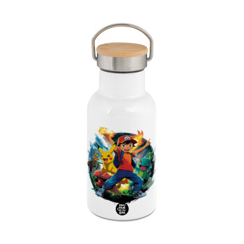 Ash Ketchum & Pikachu, Μεταλλικό παγούρι θερμός (Stainless steel) Λευκό με ξύλινο καπακι (bamboo), διπλού τοιχώματος, 350ml