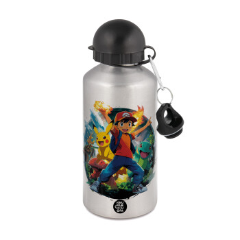 Ash Ketchum & Pikachu, Μεταλλικό παγούρι νερού, Ασημένιο, αλουμινίου 500ml