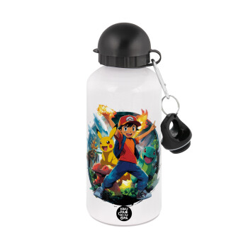 Ash Ketchum & Pikachu, Μεταλλικό παγούρι νερού, Λευκό, αλουμινίου 500ml