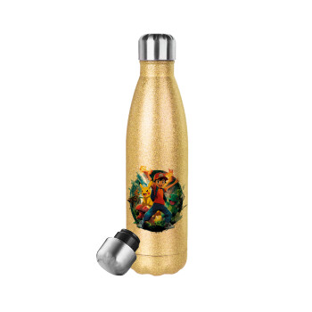 Ash Ketchum & Pikachu, Μεταλλικό παγούρι θερμός Glitter χρυσό (Stainless steel), διπλού τοιχώματος, 500ml