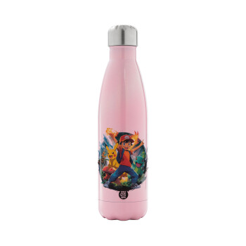 Ash Ketchum & Pikachu, Metal mug thermos Pink Iridiscent (Stainless steel), double wall, 500ml