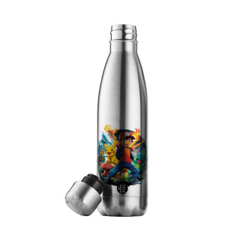 Ash Ketchum & Pikachu, Μεταλλικό παγούρι θερμός Inox (Stainless steel), διπλού τοιχώματος, 500ml