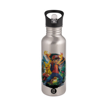 Ash Ketchum & Pikachu, Παγούρι νερού Ασημένιο με καλαμάκι, ανοξείδωτο ατσάλι 600ml