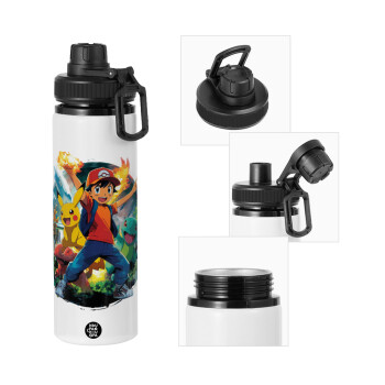 Ash Ketchum & Pikachu, Μεταλλικό παγούρι νερού με καπάκι ασφαλείας, αλουμινίου 850ml