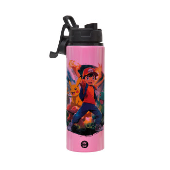 Ash Ketchum & Pikachu, Μεταλλικό παγούρι νερού με καπάκι ασφαλείας, αλουμινίου 850ml