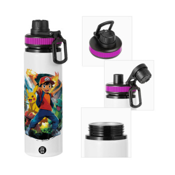 Ash Ketchum & Pikachu, Μεταλλικό παγούρι νερού με καπάκι ασφαλείας, αλουμινίου 850ml