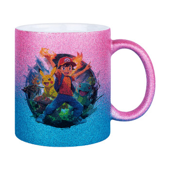 Ash Ketchum & Pikachu, Κούπα Χρυσή/Μπλε Glitter, κεραμική, 330ml