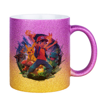 Ash Ketchum & Pikachu, Κούπα Χρυσή/Ροζ Glitter, κεραμική, 330ml