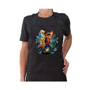 Ash Ketchum & Pikachu, Ποδιά μακριά Σεφ ολόσωμη με τσέπες Μαύρη (ΕΝΗΛΙΚΩΝ)