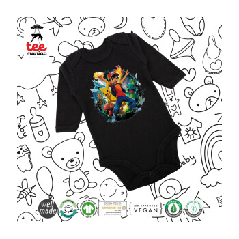 Ash Ketchum & Pikachu, Μακρυμάνικο βρεφικό φορμάκι, 0-18 μηνών, ΜΑΥΡΟ, 100% Organic Cotton