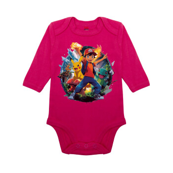 Ash Ketchum & Pikachu, Μακρυμάνικο βρεφικό φορμάκι, 0-18 μηνών, ΡΟΖ, 100% Organic Cotton