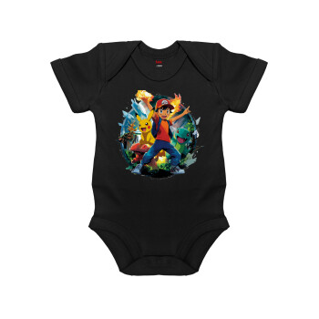 Ash Ketchum & Pikachu, Βρεφικό φορμάκι μωρού, 0-18 μηνών, ΜΑΥΡΟ, 100% Organic Cotton, κοντομάνικο