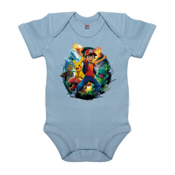 Ash Ketchum & Pikachu, Βρεφικό φορμάκι μωρού, 0-18 μηνών, Μπλε, 100% Organic Cotton, κοντομάνικο