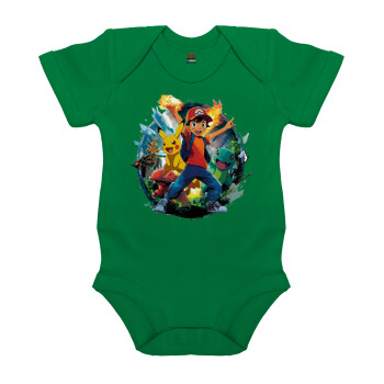 Ash Ketchum & Pikachu, Βρεφικό φορμάκι μωρού, ΠΡΑΣΙΝΟ, 100% Organic Cotton, κοντομάνικο