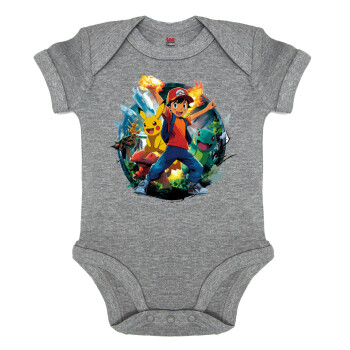 Ash Ketchum & Pikachu, Βρεφικό φορμάκι μωρού, 0-18 μηνών, ΓΚΡΙ ΜΕΛΑΝΖΕ, 100% Organic Cotton, κοντομάνικο