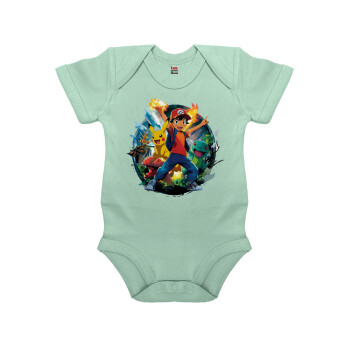 Ash Ketchum & Pikachu, Βρεφικό φορμάκι μωρού, 0-18 μηνών, mint (Μέντα), 100% Organic Cotton, κοντομάνικο