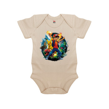 Ash Ketchum & Pikachu, Βρεφικό φορμάκι μωρού, 0-18 μηνών, Natural (Εκρού), 100% Organic Cotton, κοντομάνικο