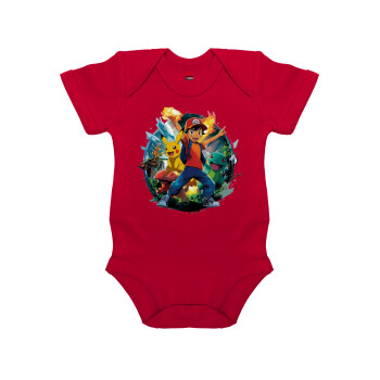 Ash Ketchum & Pikachu, Βρεφικό φορμάκι μωρού, ΚΟΚΚΙΝΟ, 100% Organic Cotton, κοντομάνικο