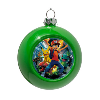 Ash Ketchum & Pikachu, Στολίδι Χριστουγεννιάτικη μπάλα δένδρου Πράσινο 8cm
