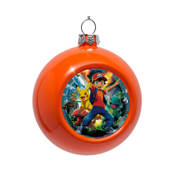 Ash Ketchum & Pikachu, Στολίδι Χριστουγεννιάτικη μπάλα δένδρου Πορτοκαλί 8cm